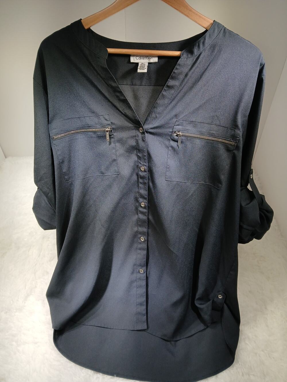 Calvin Klein Dark Blue Button-Down Blouse- Women's XL